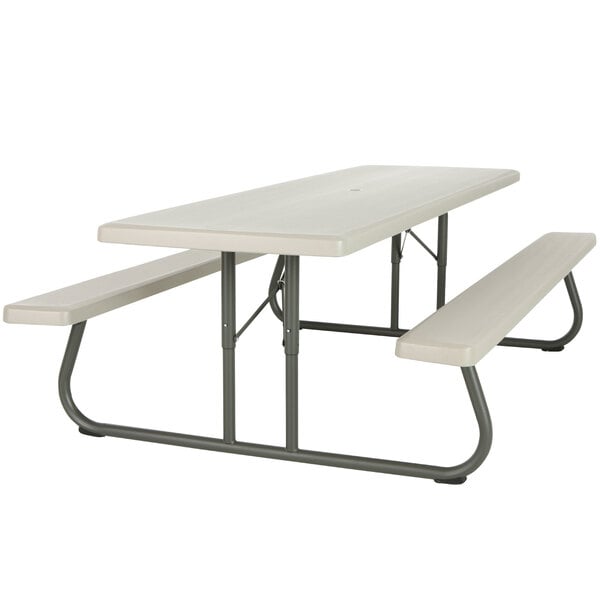 30" x 96" Rectangular Putty Plastic Folding Picnic Table with Attached Benches