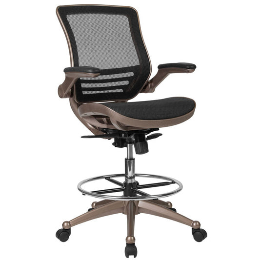 Mid-Back Transparent Black Mesh Drafting Chair with Melrose Gold Frame and Flip Up Arms