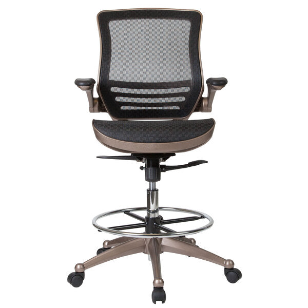 Mid-Back Transparent Black Mesh Drafting Chair with Melrose Gold Frame and Flip Up Arms