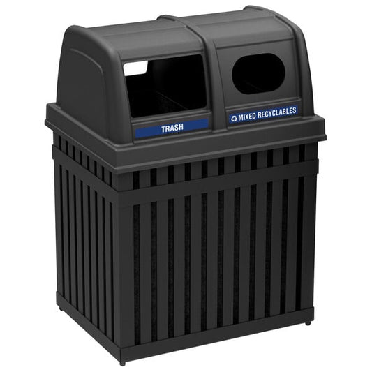 50 Gallon Black Rectangular Double Trash / Recycling Receptacle with Decals