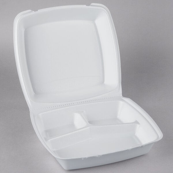 10" x 9 1/2" x 3 1/2" White Foam 3 Compartment Hinged Lid Container