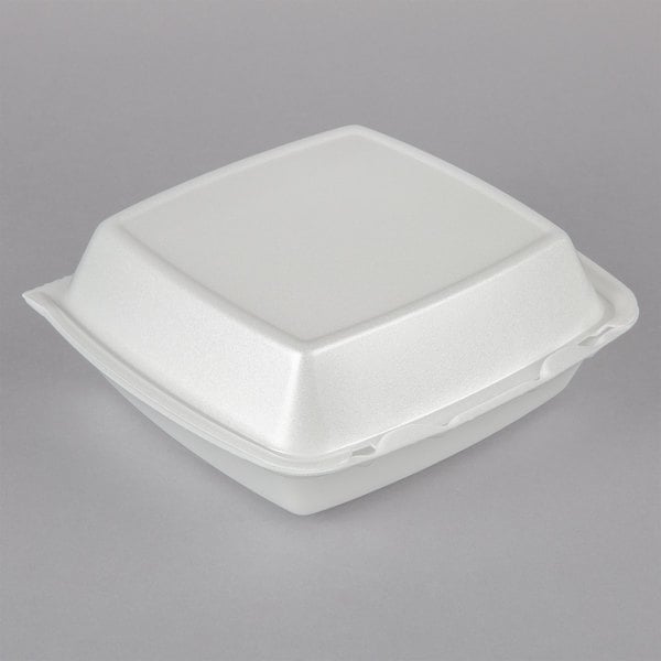 8" x 8" x 3" White Foam Square Take Out Container with Perforated Hinged Lid