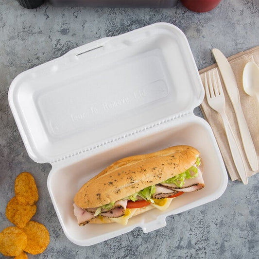 10" x 5 1/4" x 3" White Foam Hoagie Take Out Container with Perforated Hinged Lid