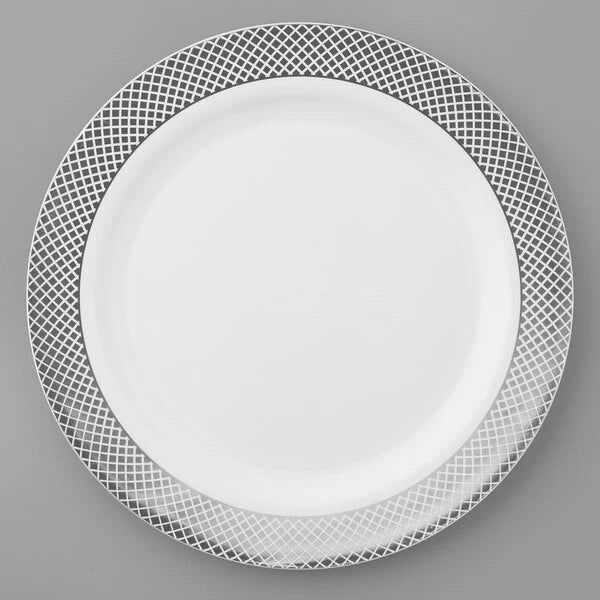 10" White Plastic Plate with Silver Lattice Design