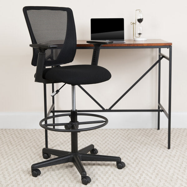 Mid-Back Black Mesh Drafting Chair with Adjustable Arms and Foot Ring