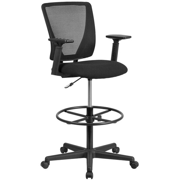 Mid-Back Black Mesh Drafting Chair with Adjustable Arms and Foot Ring