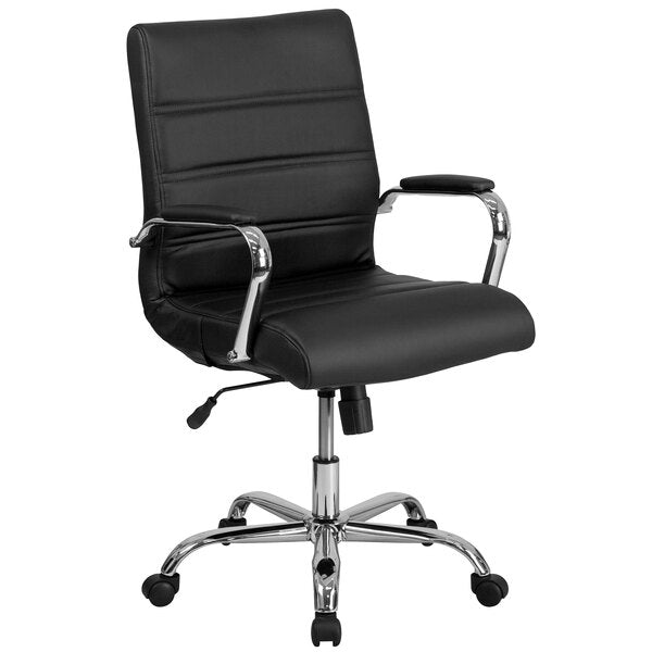 Black Leather Swivel Office Chair with Chrome Base and Arms