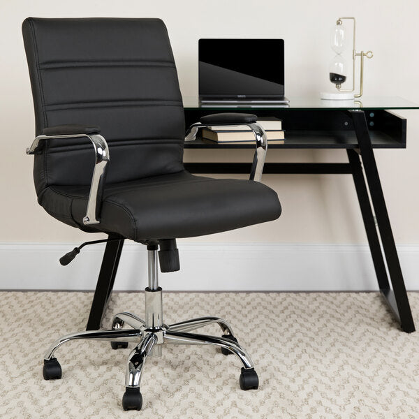 Black Leather Swivel Office Chair with Chrome Base and Arms