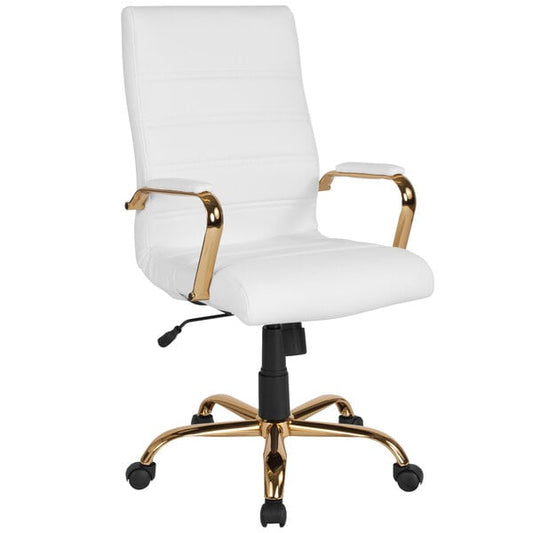 High-Back White Leather Swivel Office Chair with Gold Base and Arms