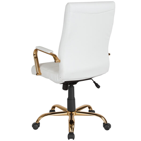 High-Back White Leather Swivel Office Chair with Gold Base and Arms