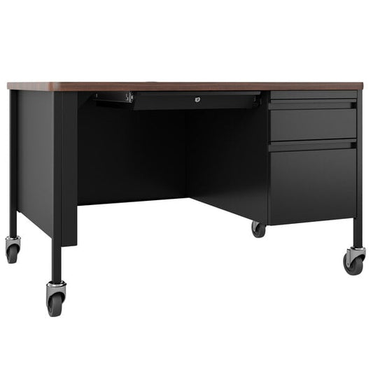 Walnut Mobile Single Pedestal Teacher's Desk - 48" x 30" x 29 1/2"