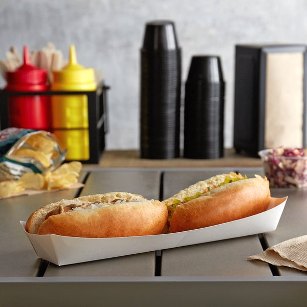 11" x 3 3/4" x 1 3/8" White Paper Hot Dog Tray