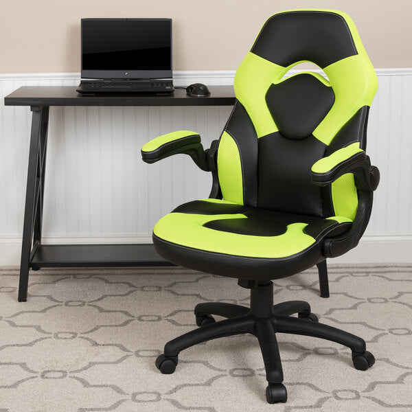 Neon-Green LeatherSoft Swivel Office Chair / Video Game Chair with Flip-Up Arms