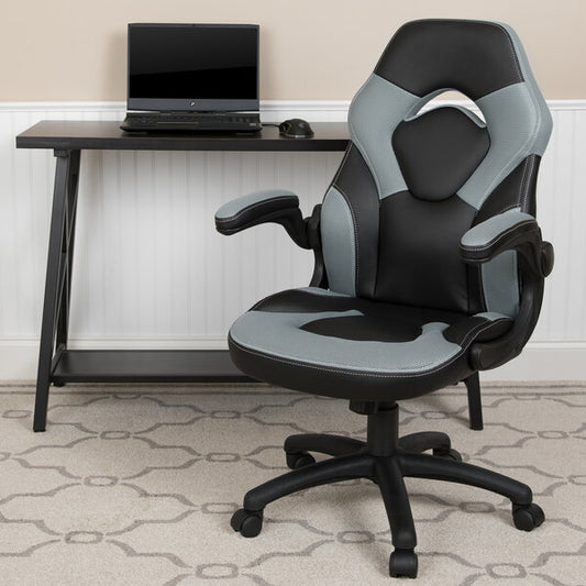 Gray LeatherSoft Swivel Office Chair / Video Game Chair with Flip-Up Arms