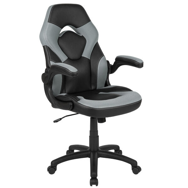 Gray LeatherSoft Swivel Office Chair / Video Game Chair with Flip-Up Arms