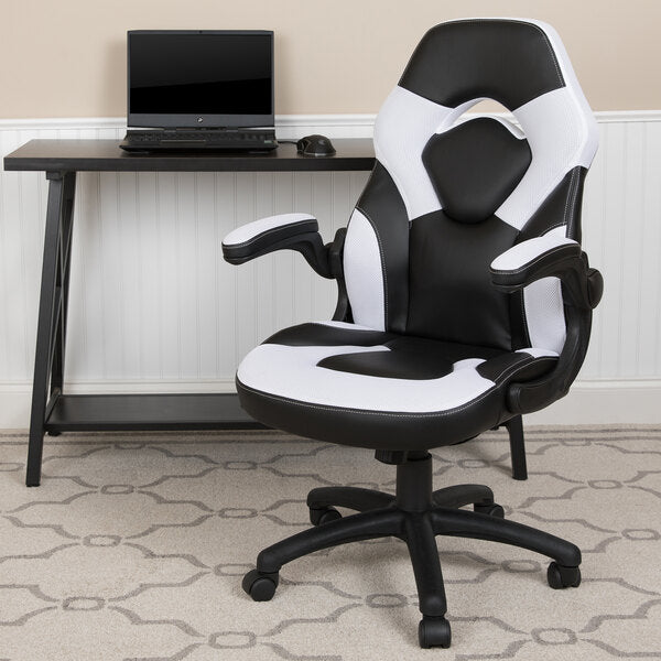 High-Back White LeatherSoft Swivel Office Chair / Video Game Chair with Flip-Up Arms