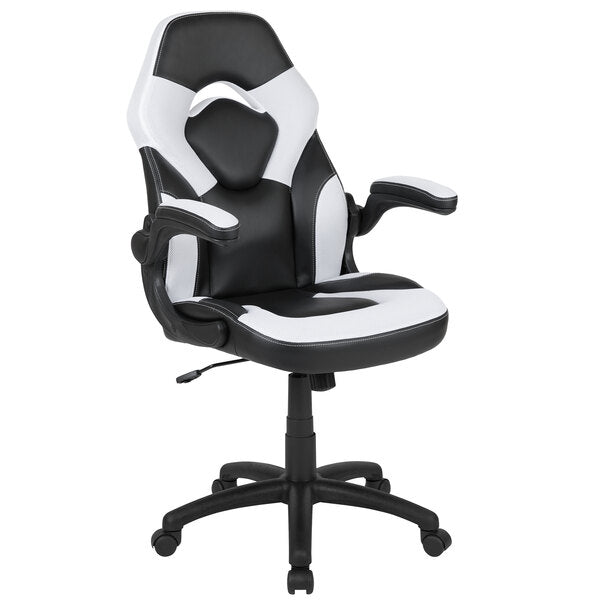 High-Back White LeatherSoft Swivel Office Chair / Video Game Chair with Flip-Up Arms