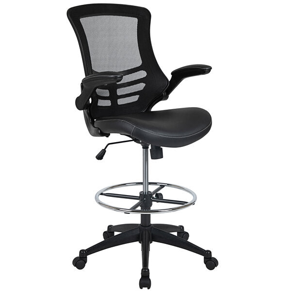 Mid-Back Black Mesh Drafting Stool with Flip-Up Arms and Leather Seat