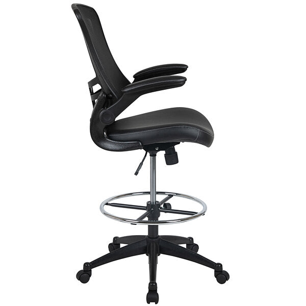 Mid-Back Black Mesh Drafting Stool with Flip-Up Arms and Leather Seat