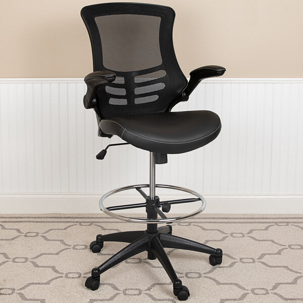 Mid-Back Black Mesh Drafting Stool with Flip-Up Arms and Leather Seat