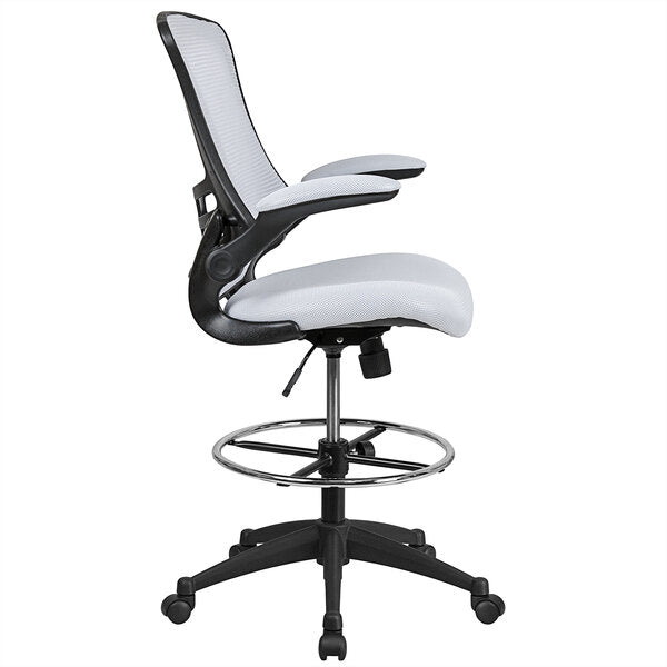 White Mesh Drafting Stool with Flip-Up Arms