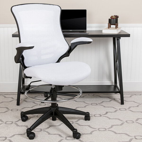 White Mesh Drafting Stool with Flip-Up Arms