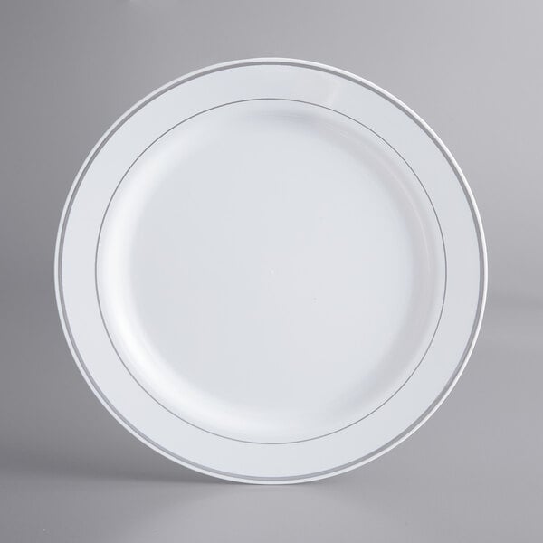 10" White Plastic Plate with Silver Bands