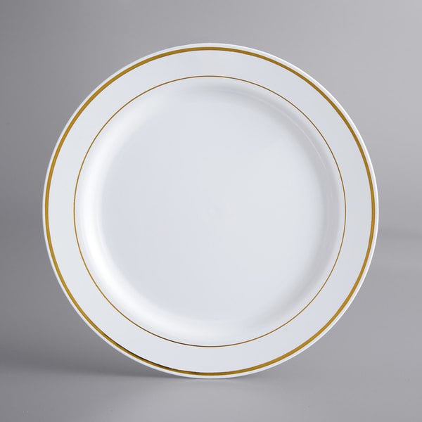 10" White Plastic Plate with Gold Bands