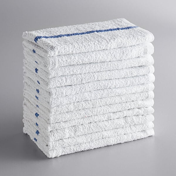 16" x 19" Blue Striped 32 oz. Cotton Bar Towel - 12/Pack