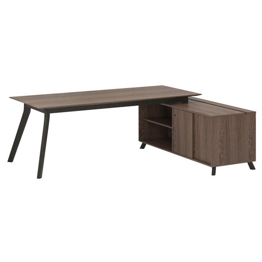 Brown Oak L-Shaped Desk with Connecting Storage Credenza