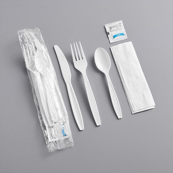 Individually Wrapped Heavy Weight White Plastic Cutlery Pack with Napkin and Salt and Pepper Packets