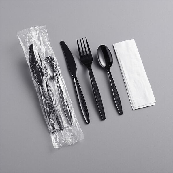 Heavy Weight Black Wrapped Plastic Cutlery Pack with Napkin