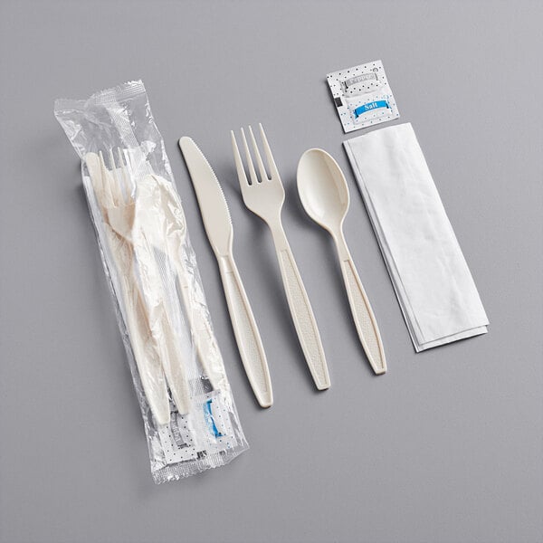 Beige Wrapped Plastic Cutlery Pack with Napkin and Salt and Pepper Packets