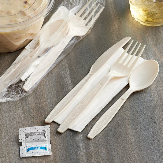 Beige Wrapped Plastic Cutlery Pack with Napkin and Salt and Pepper Packets