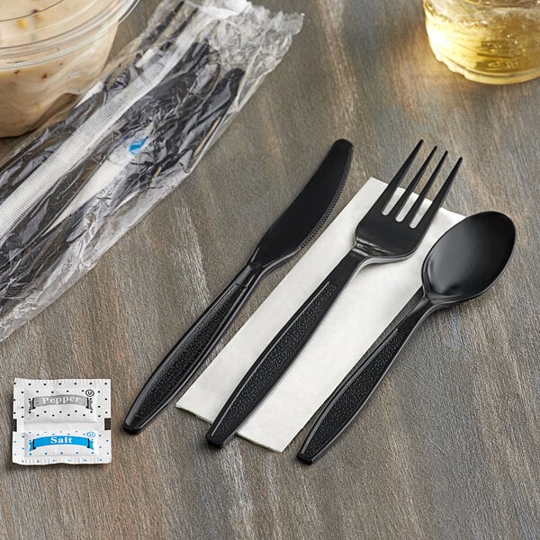 Heavy Weight Black Wrapped Plastic Cutlery Pack with Napkin and Salt and Pepper Packets