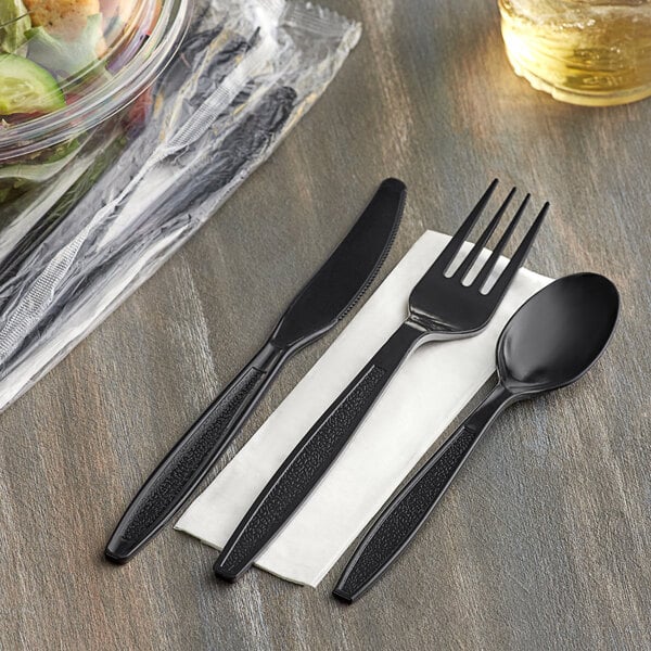 Heavy Weight Black Wrapped Plastic Cutlery Pack with Napkin