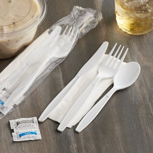 Individually Wrapped Heavy Weight White Plastic Cutlery Pack with Napkin and Salt and Pepper Packets