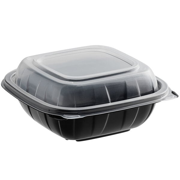 6" x 6" x 3" Microwaveable 1-Compartment Black / Clear Plastic Hinged Container