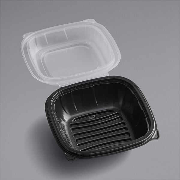 6" x 6" x 3" Microwaveable 1-Compartment Black / Clear Plastic Hinged Container