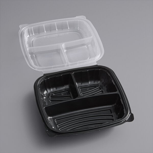 9" x 9" x 3" Microwaveable 3-Compartment Black / Clear Plastic Hinged Container