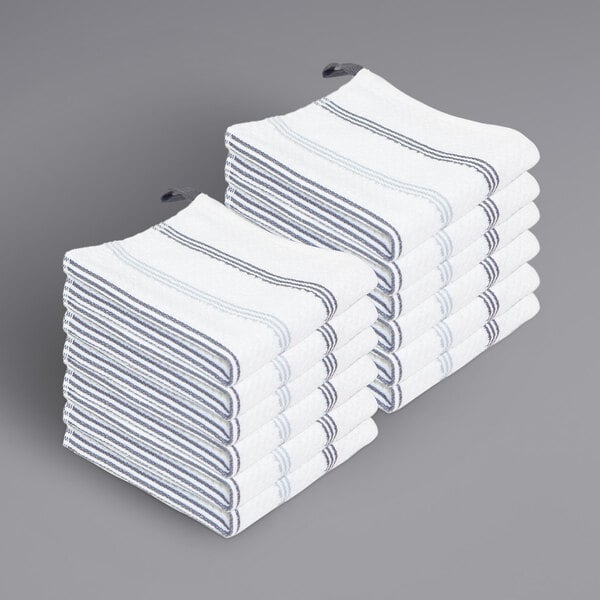 13" x 13" Gray Stripe Pattern 20 oz. Premier 100% Cotton Terry Dish Cloth with Hanging Loop - 12/Pack