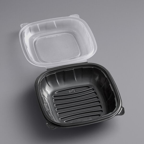 8" x 8" x 3" Microwaveable 1-Compartment Black / Clear Plastic Hinged Container