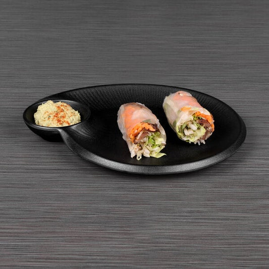 9 1/2" Round Matte Black Embossed Melamine Chip and Dip Plate B429095-B - 6/Case