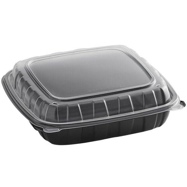 9" x 9" x 3" Microwavable 1-Compartment Black / Clear Plastic Hinged Container