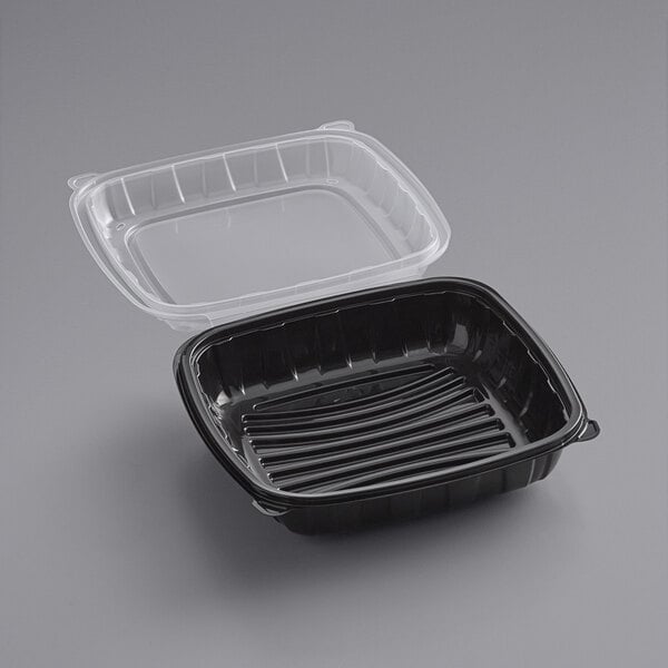 9" x 9" x 3" Microwavable 1-Compartment Black / Clear Plastic Hinged Container