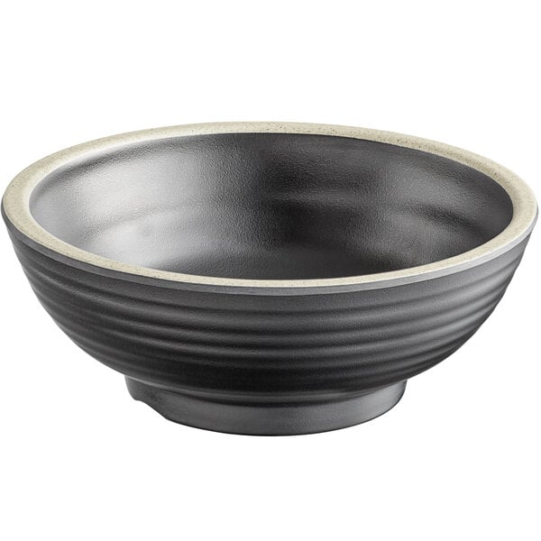 15 oz. Matte Black Melamine Bowl with Ivory Rim - 12/Pack