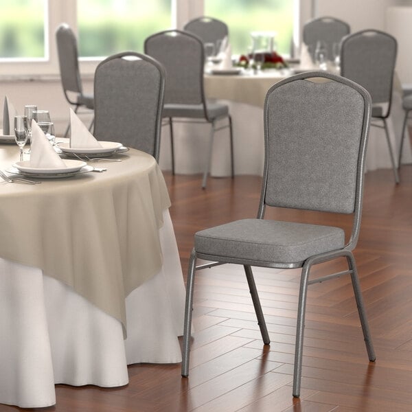 Gray Fabric Crown Back Stackable Banquet Chair with Silver Vein Frame