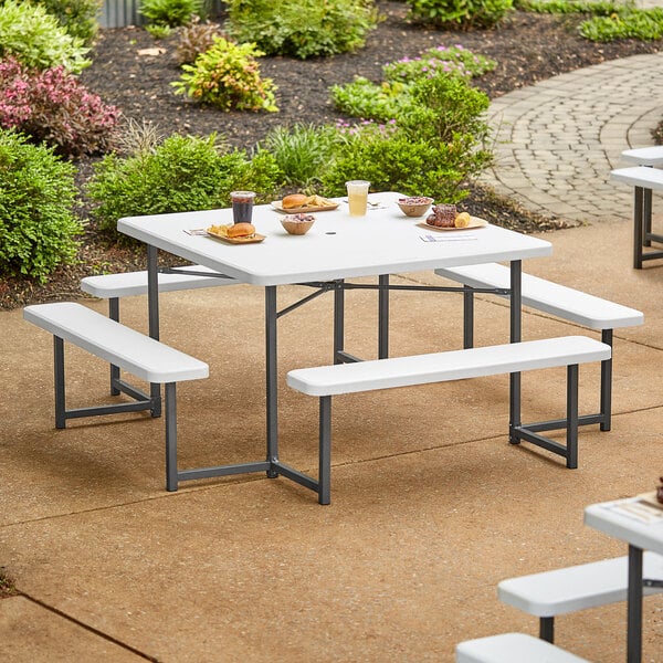 48" Square White Picnic Table with Attached Benches