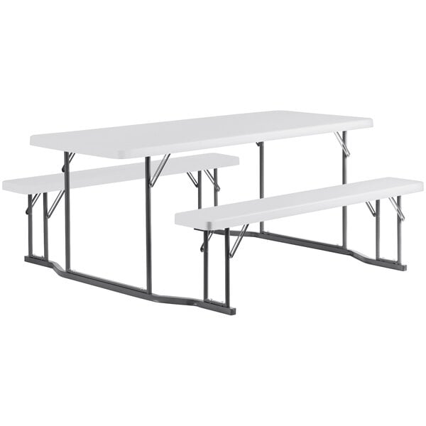 30" x 71" Rectangular White Plastic Folding Picnic Table with Attached Benches