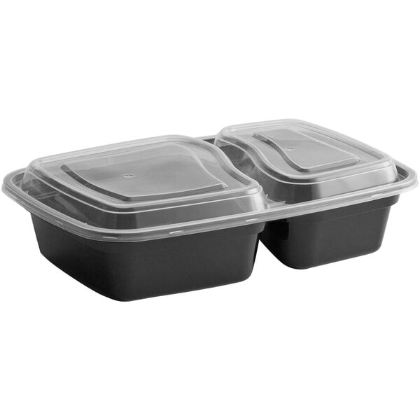 30 oz. Black 8 3/4" x 6" x 2 3/4" 2-Compartment Rectangular Microwavable Heavy Weight Container with Lid